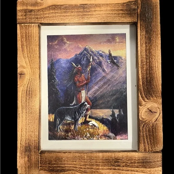 Vintage Native American Indian 3-D Effect Foil Art Print w/Rustic Wood Frame